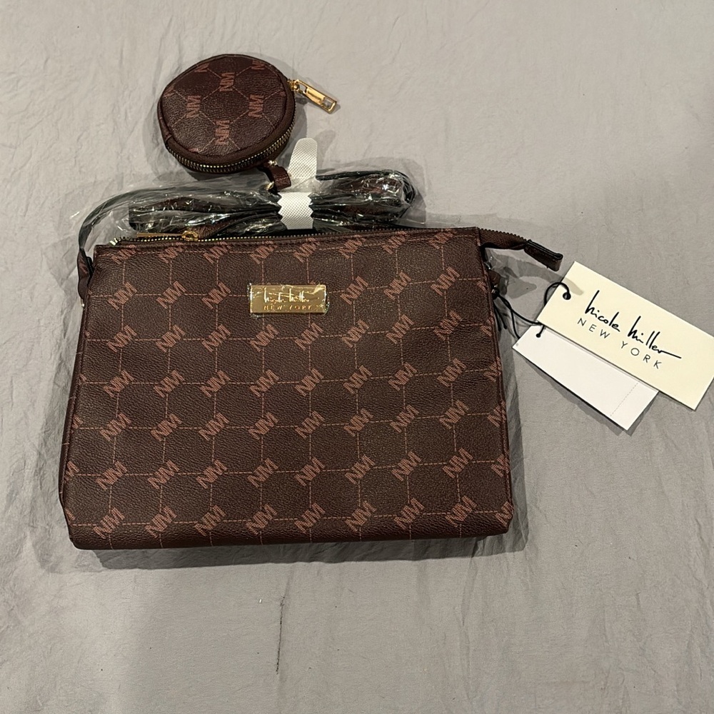 Nicole Miller Brown Monogram Pouch Set with coin purse